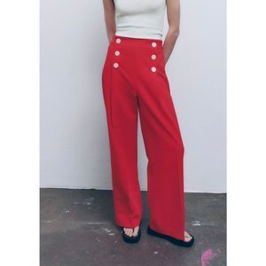 Zara Small Buttoned Palazzo Trousers- Red